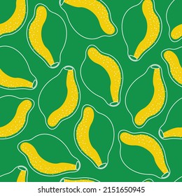 Seamless pattern of contoured yellow lemons on a green background. Fruit background. Vector illustration