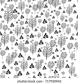 Seamless pattern with contoures of flowers and plants. Hand drawn floral illustration. Vector herbal ornament