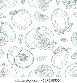 Seamless pattern of contours of apples, lemons, pears and peaches. Vector illustration.