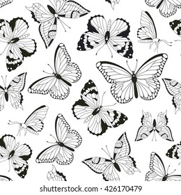 Seamless pattern with contours of butterflies. Hand drawn vector illustration. Black-white pattern. Perfect for greetings, invitations, coloring books, textile, wedding and web design.