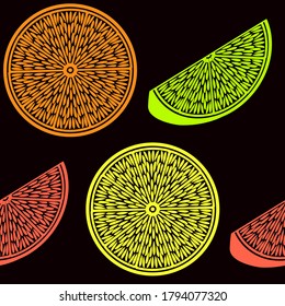 Seamless pattern with the contours of citrus fruit slices. Colored citruses on a black background.