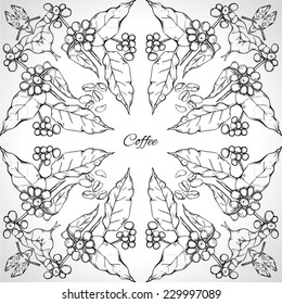 Seamless pattern from contours of coffee bushes with leaves and berries and grains, Line Art