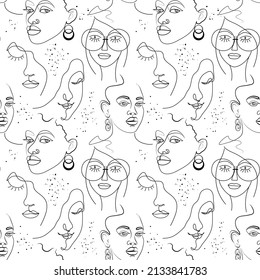 Seamless pattern from the contours of female faces. Drawing a continuous line. Abstract modern set of female portraits with black lines. Illustration on a white background in a modern trendy style