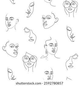 Seamless pattern from the contours of female faces. Drawing a continuous line. Abstract modern set of female portraits with black lines. Illustration on a white background in a modern trendy style