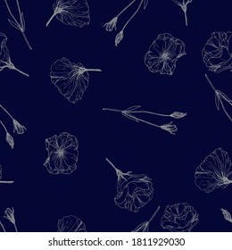 Seamless pattern of contours of flowers on a dark blue background