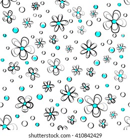 seamless pattern with contours flowers and spots   on white background , vector illustration