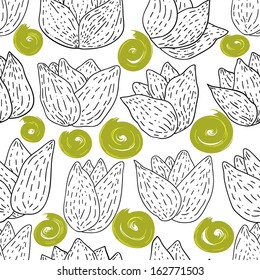 Seamless pattern with contours flowers tulips on a white background with abstract swirls