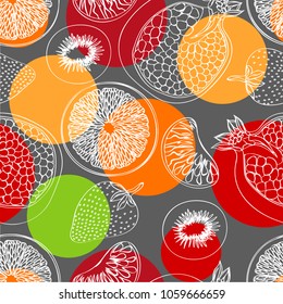 Seamless  pattern of contours of the fruit on brightly colored circles. Cute vector background. Bright summer fruits illustration. Fruit mix design for  fabric and decor.