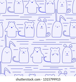 Seamless pattern of the contours of funny cartoon animals Bunny, bear, cat, mouse. Vector texture for design, decoration, packaging, fabrics.