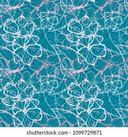 Seamless pattern Contours of Leaves and Flowers on a blue background. Colorful hand drawn vector stock illustration.