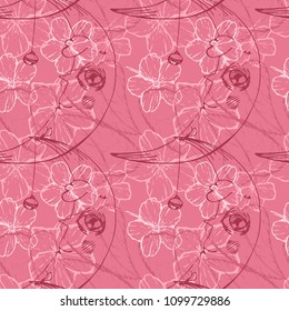 Seamless pattern Contours of Moon and Flowers on a pink background. Colorful hand drawn vector stock illustration.