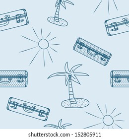 Seamless pattern with contours of palms, sun and suitcases