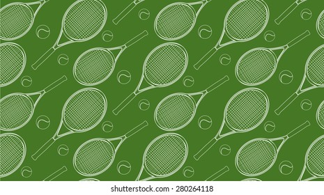 Seamless pattern with the contours of the racket and tennis ball