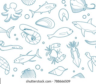 Seamless pattern with contours of seafood. Vector illustration