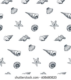 seamless pattern with contours of seashells, mollusk and oyster on white background