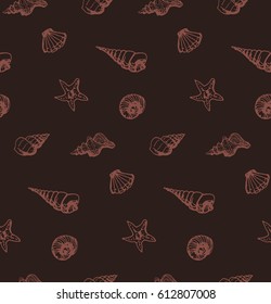 seamless pattern with contours of seashells, mollusk and oyster on dark background