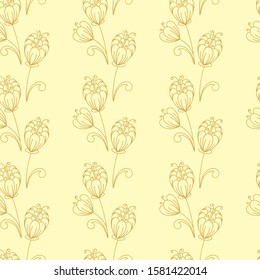 Seamless pattern. Contours of simple flowers and buds . Vector Hand drawing, monochrome. For fabric, paper , wallpaper and other surfase.