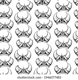 Seamless pattern with the contours of the sketch of the horned viking helmets in a row. Texture with the ammunition of the ancient warriors of the defenders. Military monochrome wallpaper.