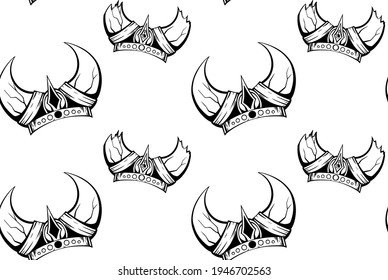 Seamless pattern with the contours of the sketch of the horned viking helmets. Texture with the ammunition of the ancient warriors of the defenders. Military monochrome wallpaper.