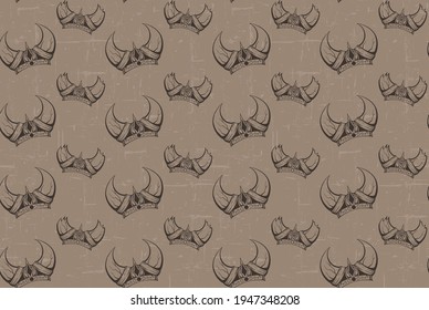 Seamless pattern with the contours of the sketch of the horned viking helmets and grunge scuff. Texture with the ammunition of the ancient warriors of the defenders. Military vintage wallpaper.