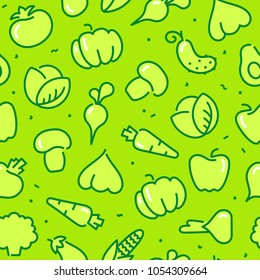 Seamless pattern with contours stylized icons of vegetables, mushrooms and avocado