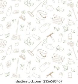 Seamless pattern with contours of washing elements and green leaves. Eco friendly cleaning background. Non-toxic  house cleaning