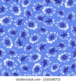 Seamless pattern with contrast abstract flowers on light blue background. Hand drawn cornflowers sketch. Vector floral print for female fabric, summer screen printing, cute cover, wallpaper.