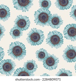 Seamless pattern with contrast abstract flowers on beige background.simple cyanblue sunflower used geometrical pattern.Vector floral print for female fabric,winter screen printing,cute cover,wallpaper