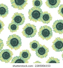 Seamless pattern with contrast abstract flowers on white background.simple green sunflower used geometrical pattern.Vector floral print for female fabric,winter screen printing,cute cover, wallpaper.