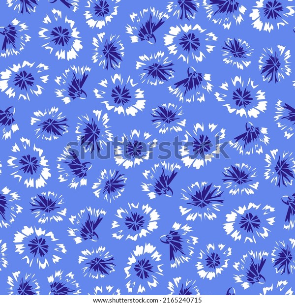 Seamless pattern with contrast abstract\
flowers on light blue background. Hand drawn cornflowers sketch.\
Vector floral print for female fabric, summer screen printing, cute\
cover, wallpaper.