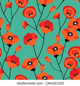 Seamless pattern with contrast bright poppy flowers in abstract cartoon flat style. Poppies floral repeat pattern. Great for fabric surface design, textile, wallpaper, backdrop, wrapping.