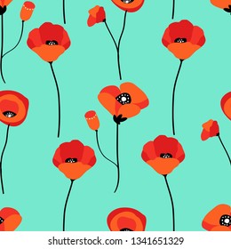 Seamless pattern with contrast bright poppy flowers in abstract cartoon flat style. Poppies floral repeat pattern. Great for fabric surface design, textile, wallpaper, backdrop, wrapping.