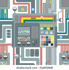 Seamless pattern control system. Technological background. Vector ornament factory machines.
