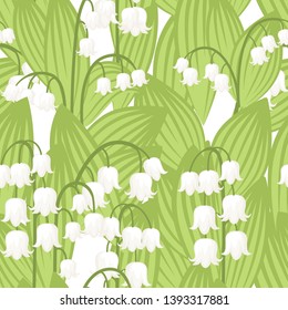 Seamless pattern. Convallaria majalis. Lilly of the valley. Mid spring colorful flower. Flat vector illustration on white background. Flowers set.