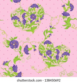 Seamless pattern - Convolvulus Flowers hearts on polka dot pink background