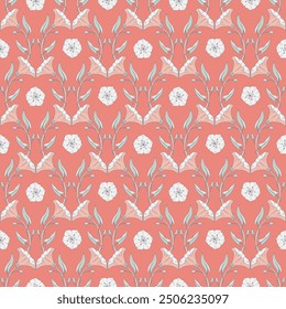 Seamless pattern with convolvulus plant, its flowers, and leaves. Retro template for prints. Pink background. Vector illustration