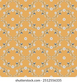 Patrón sin fisuras con la planta convolvulus, sus flores y hojas. Plantilla retro para estampados de moda. Fondo amarillo. Ilustración vectorial floral