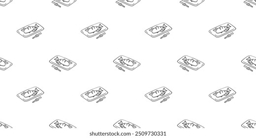 Patrón sin fisuras con pescado cocido en un plato dibujado a mano doodle Vector de contorno