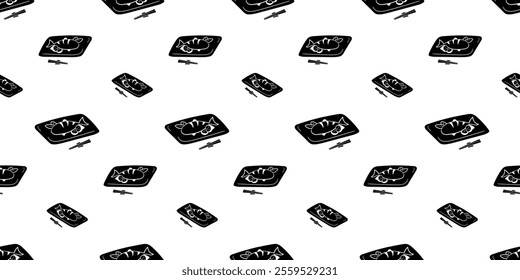 Seamless pattern with cooked fish on a plate silhouette vector