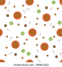 Seamless pattern with cookie, candy and coffee. Vector color background.