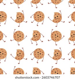 seamless pattern of cookie illustrations with smiling faces on a white background