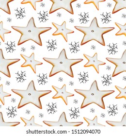 Seamless pattern cookie star in cartoon style. Abstract background. Seamless texture. Vector graphic. Winter season. Wrapping paper. Tasty bakery. Xmas background. Isolated vector.