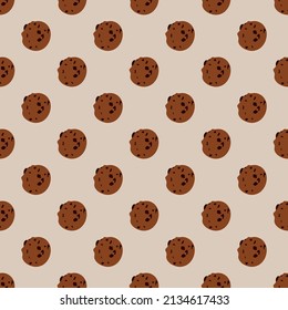 Seamless pattern with cookies. Abstract pastel pattern with tasty chocolate chip cookies. Cute pink background with sweet cookie.