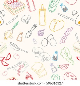 Seamless pattern with cookies: bacon, tomato, chicken, bread, lettuce, mayonnaise, mustard, scrambled eggs on beige background 