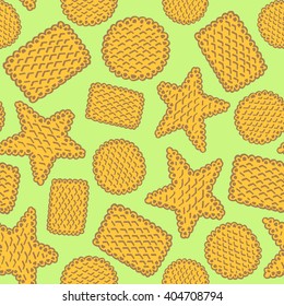 Seamless pattern of cookies biscuits on green background