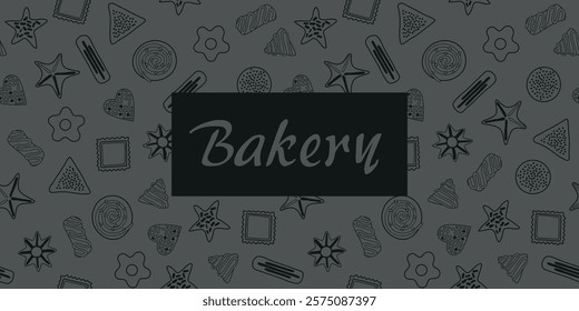 Seamless pattern of cookies and cakes on a dark background, the text “Bakery” in black.