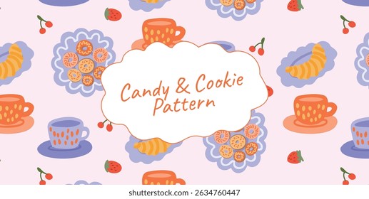 Padrão perfeito com biscoitos, doces, croissant, cereja, morango, xícaras de chá em fundo pastel. Textura doce de sobremesa de piquenique. Ilustração vetorial colorida plana.