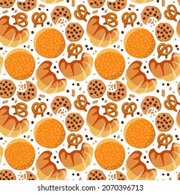 Seamless pattern with cookies, croissant, sesame bun, pretzes. illustration in flat vector design. Pastrie. Flat design for menu cafe, restaurant. For textile, wrapping paper, wallpaper, cover design.