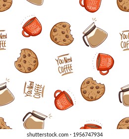 seamless pattern of cookies and a cup of coffee with hand draw style