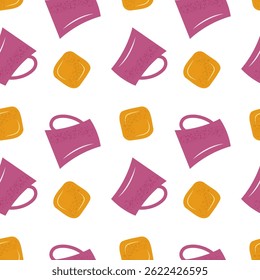 Seamless pattern. Cookies and cups on a white background. Vector illustration. Flat style